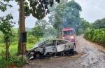 Carro pega fogo após colidir com árvore na comunidade de Sesmaria